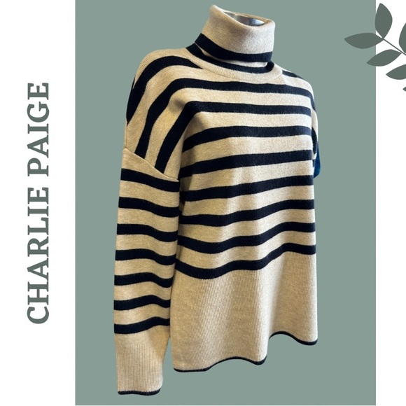 Charlie Paige Mikyla Stripe Cowl / Turtle Neck Pullover Cream Black Size Medium - Picture 5 of 7